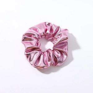 Metallic pink PU leather scrunchie with high-shine finish and elastic ruched design