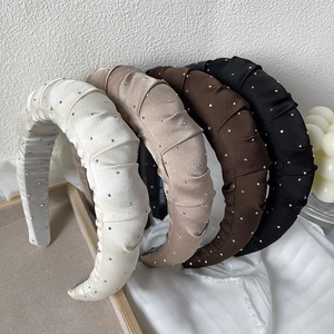 French Vintage Padded Pleated Satin Headband With Rhinestones For Women Wide Anti-Slip Fashion Hair Band For Face Washing Party