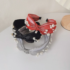Drei elegante verknotete Haarreifen aus Chiffon mit Kunstperlen in Schwarz, Rot und Silbergrau