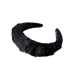 Pleated wide black headband with silver rhinestones and satin finish for women