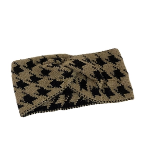 Bandeau en tricot pied-de-poule kaki et noir avec nœud croisé élégant pour femmes