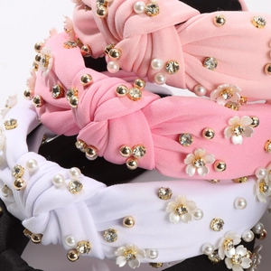 Serre-tête noué de luxe avec perles et strass en tissu pêche, rose et blanc