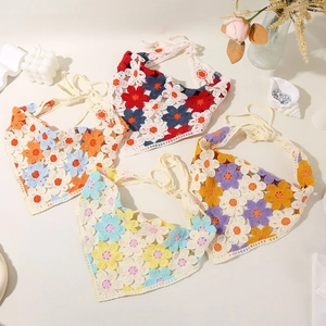 Handmade Crochet Floral Triangle Headscarf Sweet Pastoral Style Granny Square Knit Bandana Headband For Women Hair Accessories