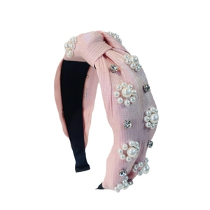 Rosafarbener geknoteter Perlenhaarreifen mit Strassblumen für elegantes Styling mit Volumen