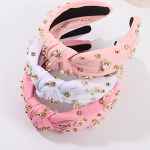Lot de trois serre-têtes noués avec perles, fleurs et strass en rose et blanc élégant