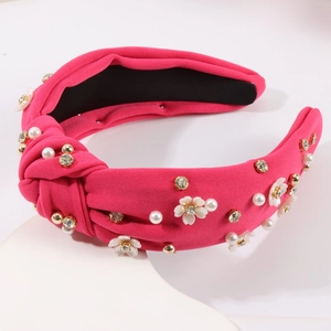 Serre-tête noeud rose rouge luxueux avec perles, strass et détails de fleurs
