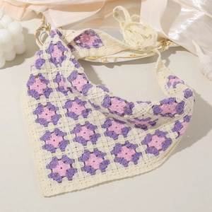 Floral crochet triangle headscarf in cream and purple for an elegant vintage style