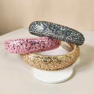 Sparkly sequin and bead padded headbands in silver, pink, and gold color variations