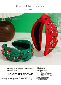 Close-up of Christmas fabric headbands with colorful pearls, rhinestones and festive charms