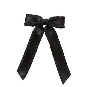 Elegant black satin bow hair clip with ruffled lace edges and long ribbons for women