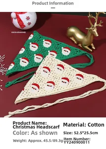Close-up of green and cream Christmas crochet bandanas with Santa Claus design in cotton