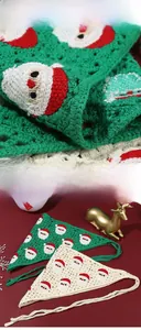 Detail of Christmas themed crochet knit headscarf with festive Santa Claus pattern accents