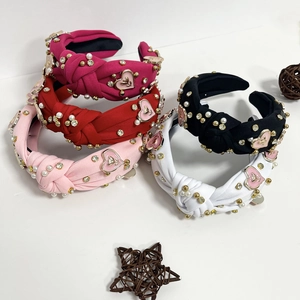 Sweet Knot Headband With Imitation Pearl Rhinestone Enamel Heart Elegant Polyester Hairband For Women Party Hair Accessories