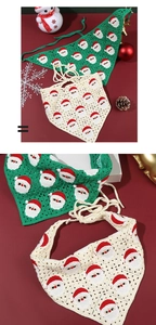 Close-up of handmade crochet Christmas headscarf with Santa Claus patterns in green and white