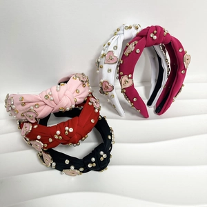 Five-piece set of twisted fabric headbands with pearls, rhinestones, and hearts