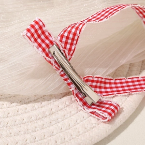 Elegant red and white plaid bow hair clip with silver metal alligator clamp on fabric
