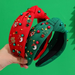 Christmas Wide Knot Headband For Women With Artificial Pearls Rhinestone Enamel Charms Festive Holiday Hairband Red Green Hair Accessories