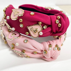 Cross knotted pearl headband with heart bee patches and sparkling rhinestones