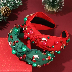 Cerchietto Natalizio Annodato Largo Strass Künstliche Perle Sintetiche Ciondolo Babbo Natale Luna Rosso Verde Accessorio Capelli Festivo