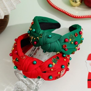 Festive Christmas knotted headbands in red and green with pearls, rhinestones and tree charms