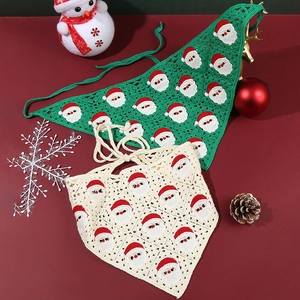 Handmade crochet Christmas headscarf with Santa Claus embroidery in green and white colors