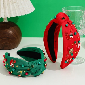 Christmas knot headband set with red and green fabric, pearls and festive charms