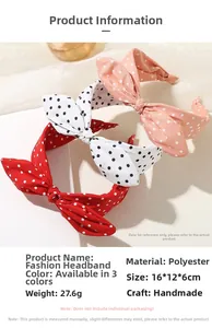 Dettaglio di fasce per capelli con fiocco a pois in rosso, bianco e rosa con misure