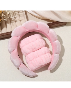 Pink plush cloud headband and matching absorbent microfiber wristbands set for face washing