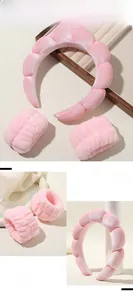 Pink velvet headband and matching wristbands for face washing and skincare routines