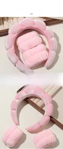 Pink plush headband and wristbands set for skincare and face washing routine