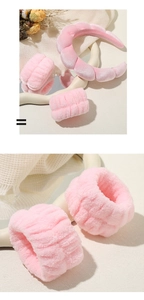 Pink plush spa headband and wristband set for washing face with soft microfiber texture