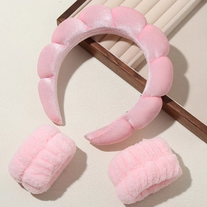 Pink sponge cloud headband with matching microfiber wristbands for washing face