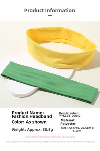 Detail showing elastic sports headband dimensions of 20.5cm by 4.5cm in yellow and green