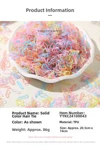 Detail view of colorful TPU elastic hair bands set with material and size specifications