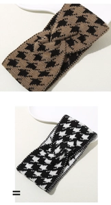 Detail of knitted houndstooth headbands with twisted knot design in brown and black tones