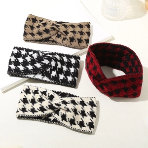 Women Elegant Knitted Houndstooth Headband Fashion Korean Style Twist Knot Hair Band Autumn Winter Warm Elastic Headwrap Accessories