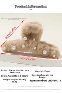 Dettaglio della molletta per capelli in peluche kaki da 12cm con perle e dimensioni