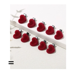 Detailed set of 10 red flocked heart-shaped hair clips on a white minimalist background
