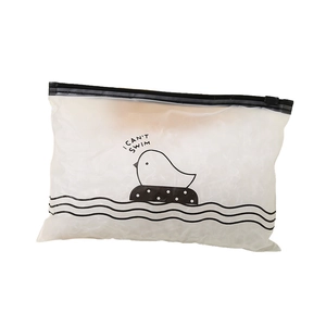 Frosted zipper bag with cartoon bird design containing clear elastic hair bands for girls