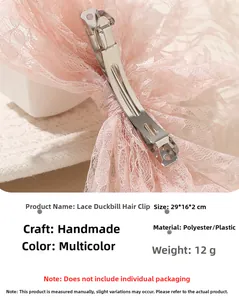 Detailed view of handmade pink lace duckbill clip with polyester fabric and metal base