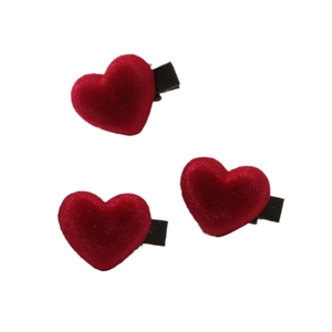 Set of 3 minimalist red velvet heart hair clips with black metal duckbill base