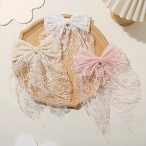 Women Sweet Lace Bowknot Hair Clip With Long Ribbons Floral Embroidery Large Bow French Vintage Duckbill Clip Hair Accessories
