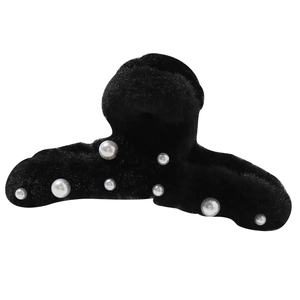Elegante pinza per capelli in peluche nero decorata con perle bianche da donna