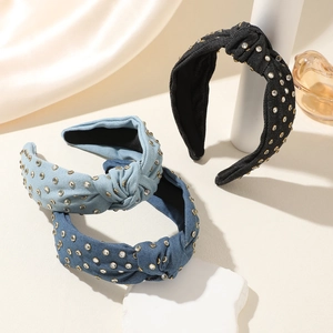Vintage Denim Knot Headband For Women With Sparkling Rhinestone Embellishments Fashion Retro Twisted Hair Band Accessory