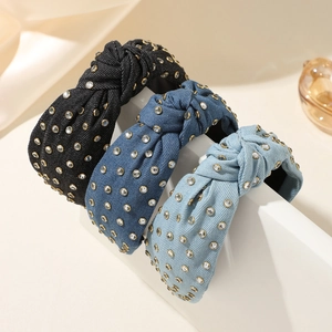 Three-piece rhinestone knotted headbands set in black, dark blue, and light blue denim fabric