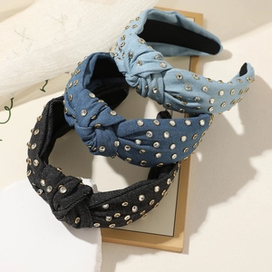 Sparkly rhinestone knotted denim headbands for women in light blue, navy, and black colors