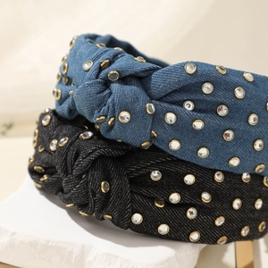 Fashionable denim knot headbands for women with sparkling rhinestones in blue and black colors