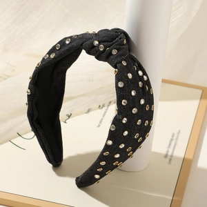 Vintage black denim knotted headband with shiny crystals in gold metal base