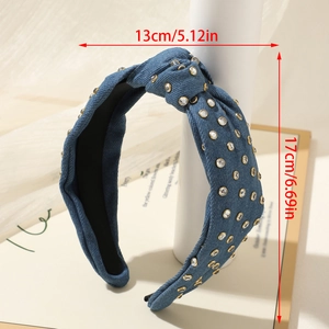 Detail showing blue denim knotted headband with shiny rhinestones and size measurements