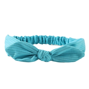 Elastic ribbed knit baby headband with rabbit ear bow in vibrant cyan blue color